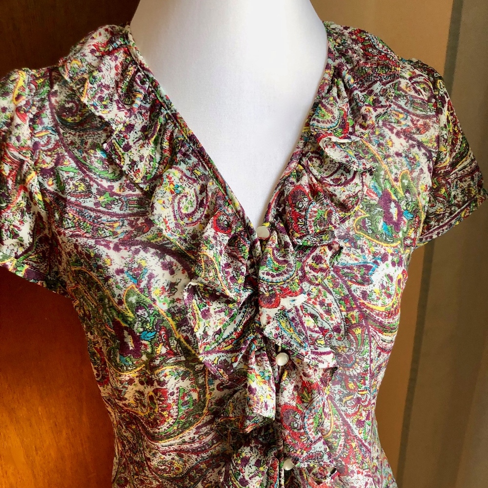 LOFT Ruffled Multi-Color Paisley Blouse Top, NWOT